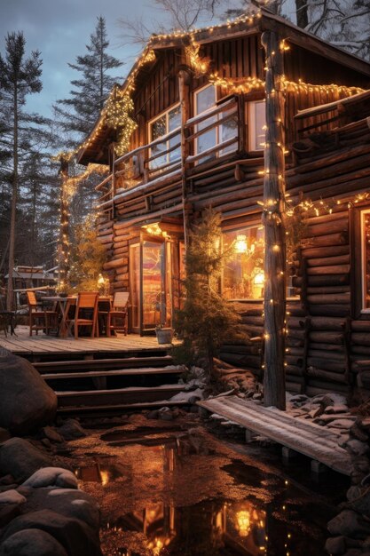 Photo christmas lights decorating a rustic wooden cabin created with generative ai