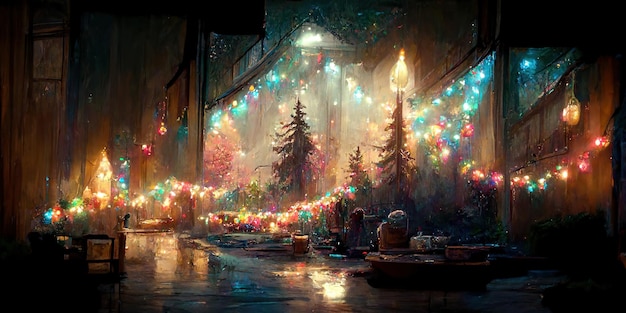 Photo christmas lights. digital illustration. painting. beautiful scenario