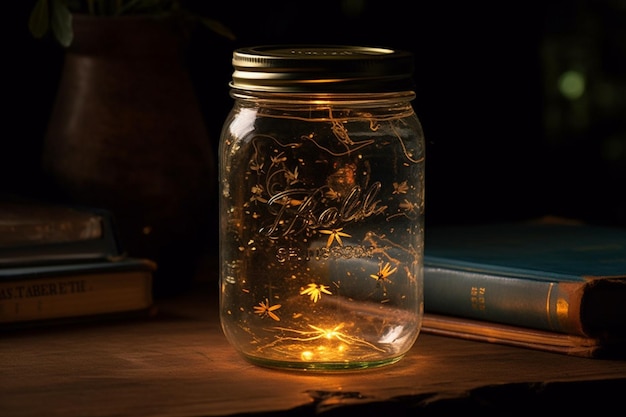 Christmas lights in a glass jar on a wooden table Vintage style