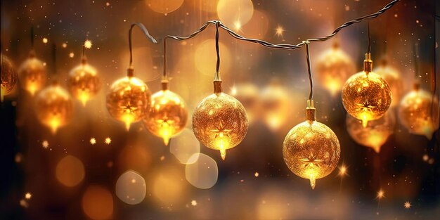 黄金色のスタイルで新年を迎えるためにぶら下がっているクリスマスイルミネーション