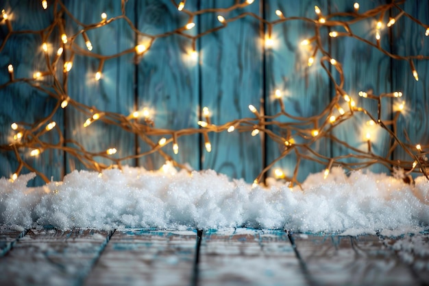 Christmas lights over snow on wooden background