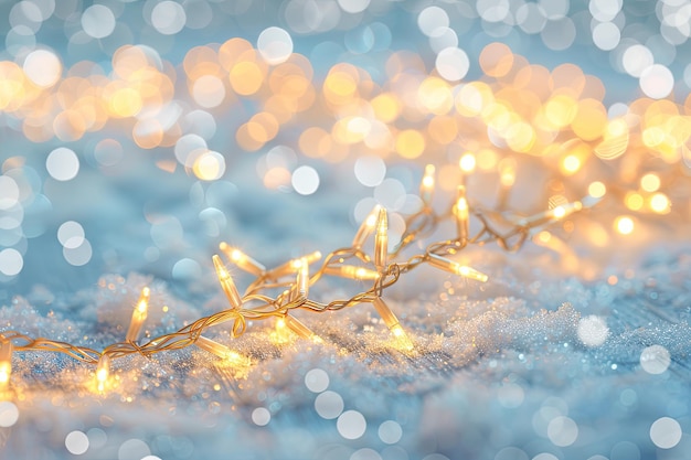 Christmas lights over snow on wooden background