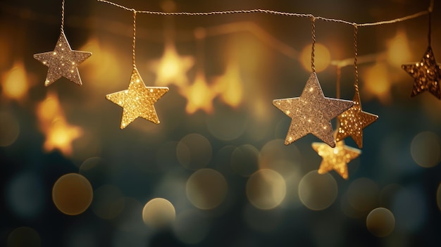 Christmas lights Stars string in abstract defocused background Golden stars on gold bokeh AI