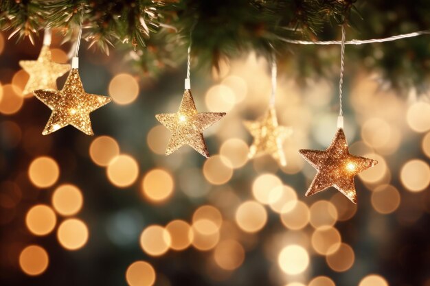 Christmas Lights Stars String Hanging At Fir Branches In Abstract Defocused Background