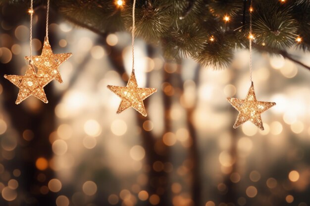 Рождественские огни Звезды, подвешенные на еловых ветвях на абстрактном размытом фоне