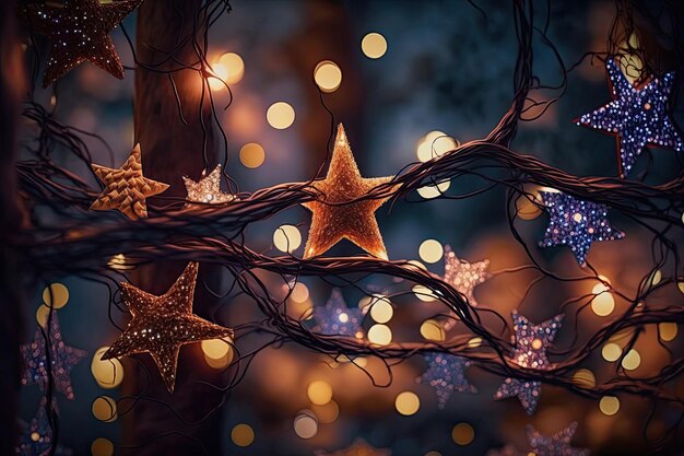 Рождественские огни, звезды, гирлянда, висящая на еловых ветках Иллюстрация AI Generative