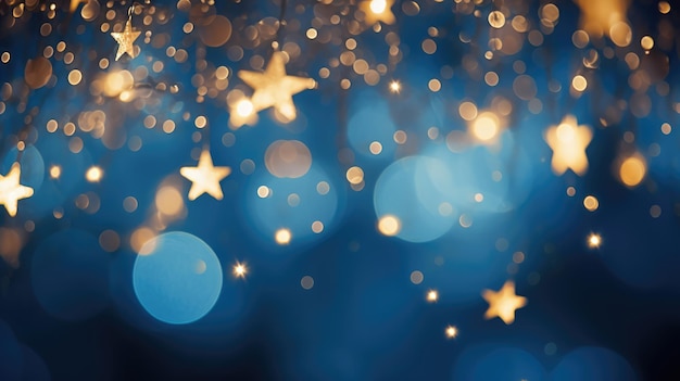 Фото Рождественские огни звезды в абстрактном расфокусированном фоне золотые звезды на синем боке ии