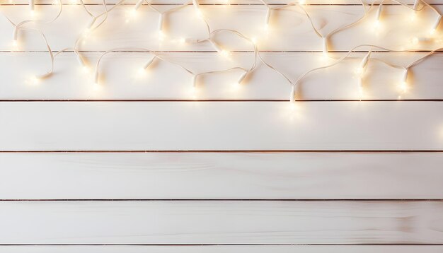 Photo christmas lights on white wooden table background top view daylight