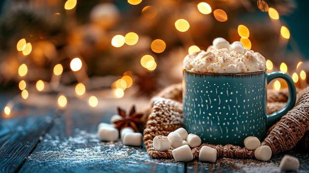 배경 공간에 뜨거운 초콜릿 컵과 마쉬멜로와 함께 크리스마스 불빛 생성 AI
