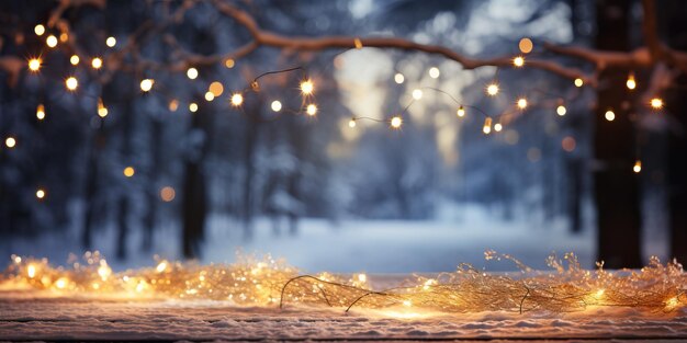 Christmas lights on a wooden table in the winter forest