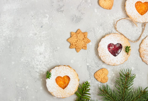 Christmas Linzer cookies with jam. Traditional Austrian Christmas cookies. Shortcrust pastry. 