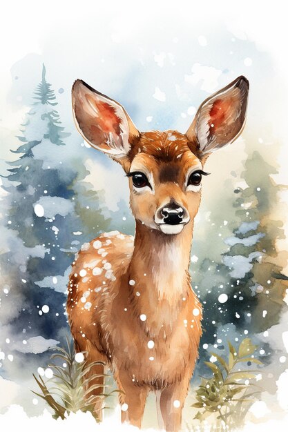 Christmas little deer among snow firtrees Winter time Watercolor style illustration