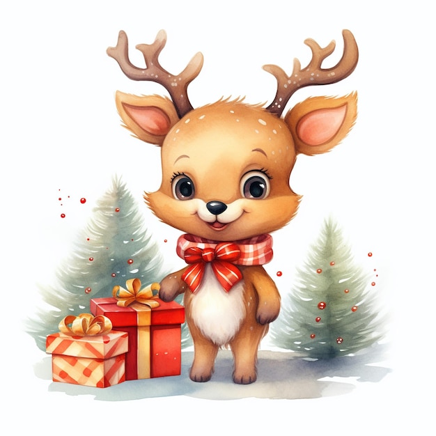 Christmas little deer with presents watercolor in beautiful style Cartoon illustration on white background AI generated