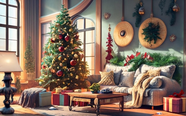 Рождественская гостиная с красиво украшенной елкой Рождественские фоновые изображения