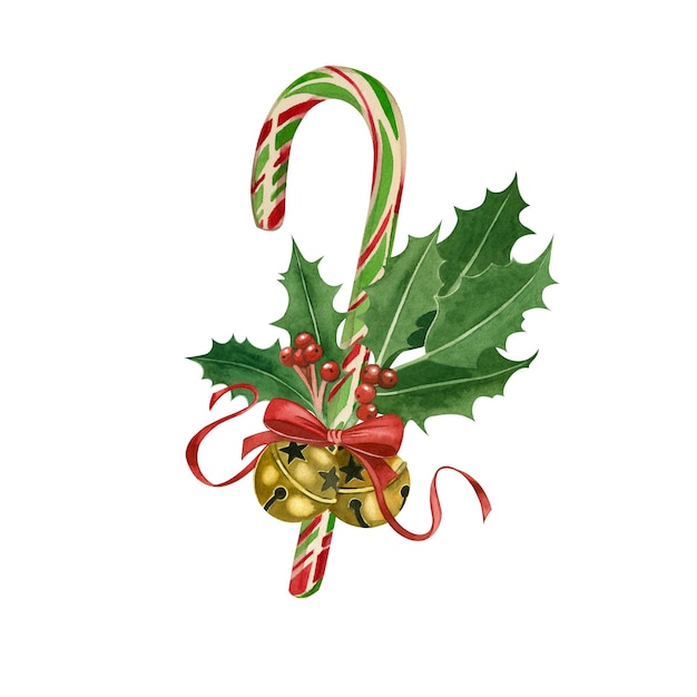 A Christmas lollipop painted in watercolor with golden bells holly branches and bow handpainted