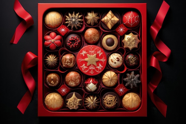 Christmas luxury candy box Red box with chocolates and truffles top view AI