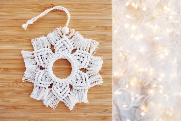Christmas macrame decor Christmas snowflake on lockram Natural materials cotton thread wood beads Eco decorations ornaments hand made decor Winter and New Year holidays