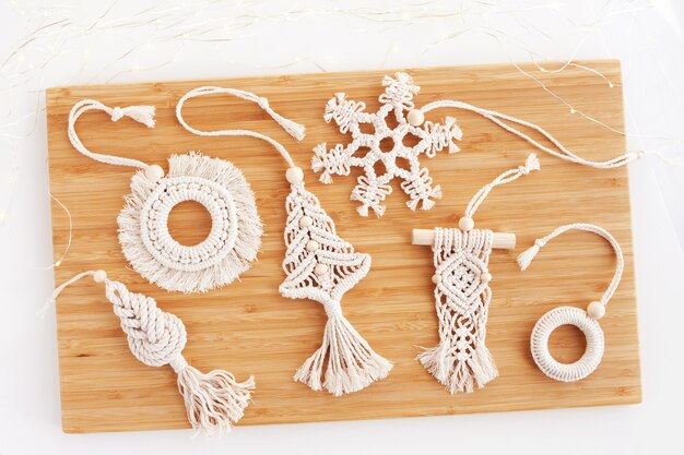 Christmas macrame decor on wooden table