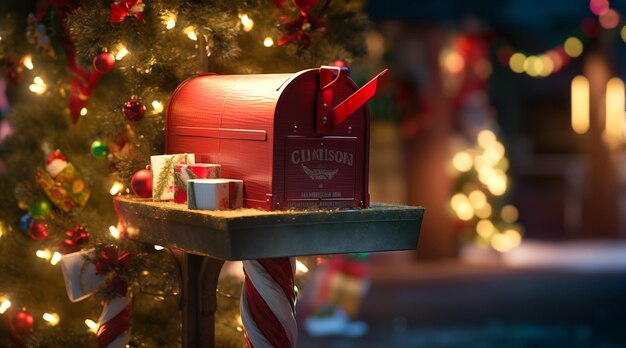 Foto scatola postale di natale sullo sfondo di decorazioni natalizie alberi e luci nella neve