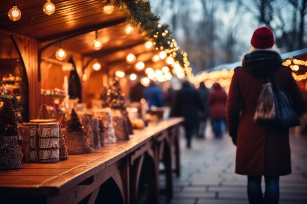 Christmas market bokeh lights background Winter season holiday celebration