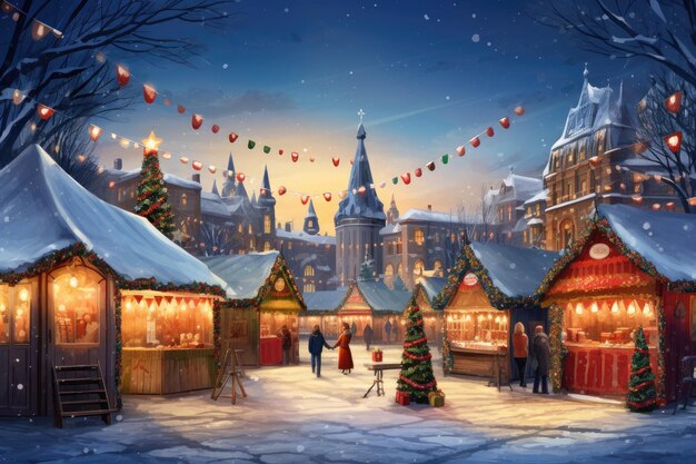 Christmas market in the evening illustration