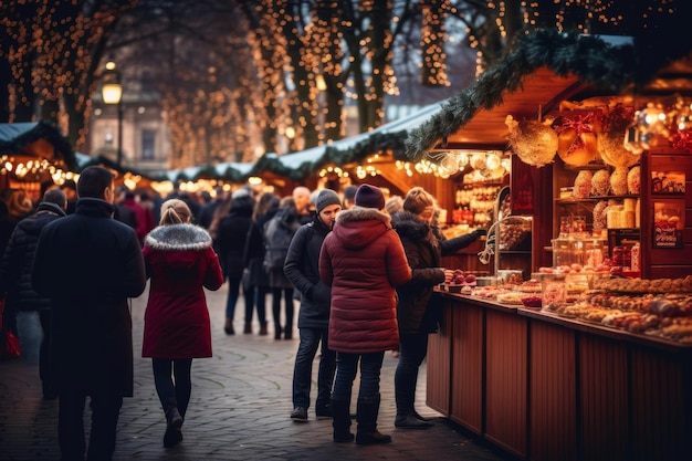 Photo christmas market filled with shoppers created with generative ai technology