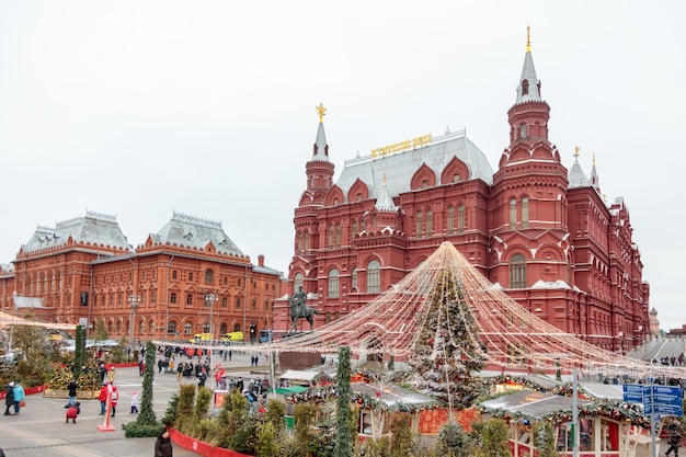 A christmas market in front of the red square in moscow