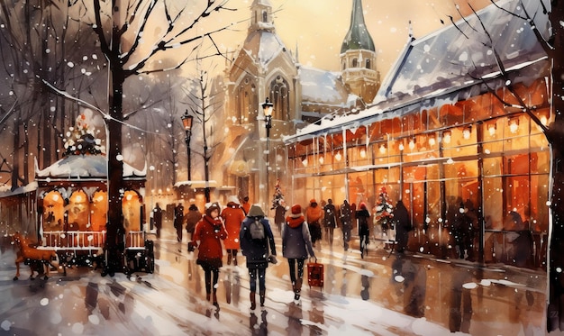 Christmas market vintage watercolor scene