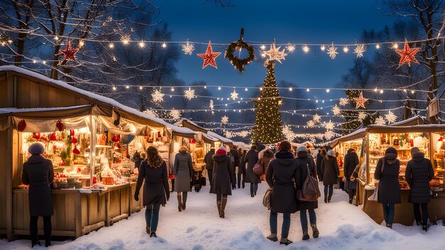 Photo a christmas market with stalls selling gifts decorations and festive food