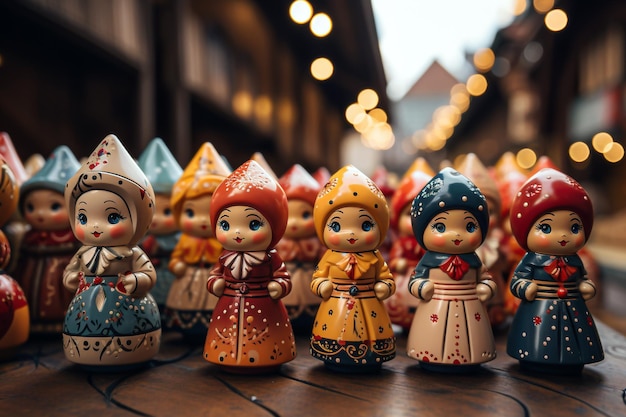 Photo christmas market with traditional wooden dolls on festive lights background closeup