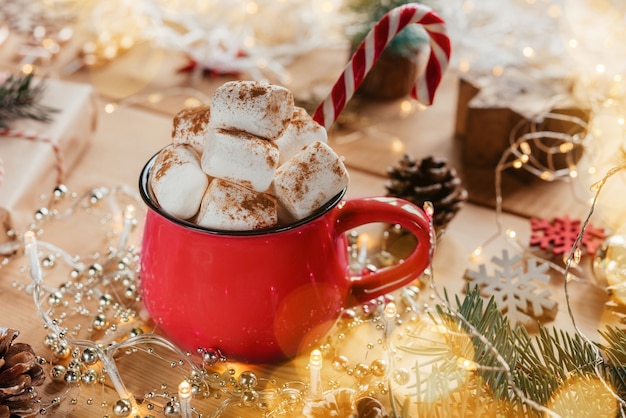 Christmas marshmallow hot cocoa cup with candy cane