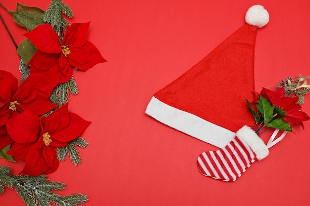 クリスマス素材、X'mas Flower pinus クリスマス帽子とストッキング 赤地