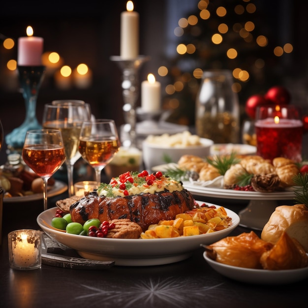 Christmas meal served on the table with decoration christmas New Year's decor with Christmas tree