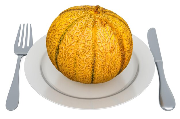 Christmas melon on plate with fork and knife 3D rendering