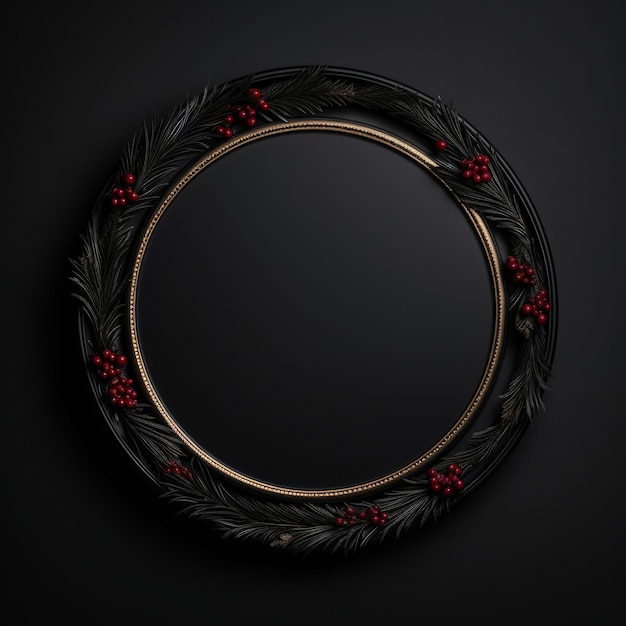 Christmas Minimalistic Round Picture Frame Minimalistic Ring with Realistic Texture Square Digital Illustration Ai Generated Empty Circle on Black Background