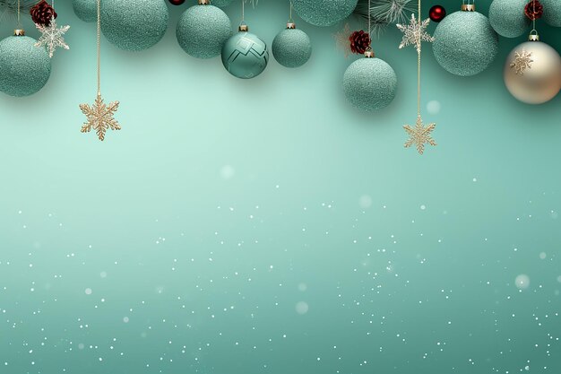 Фото Рождественский мятный фон с мятными шарами и золотыми звездами копировать пространство для текста