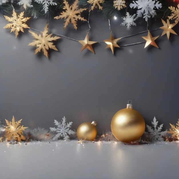 Christmas mockup with silver snowflakes confetti stars and garland on grey background