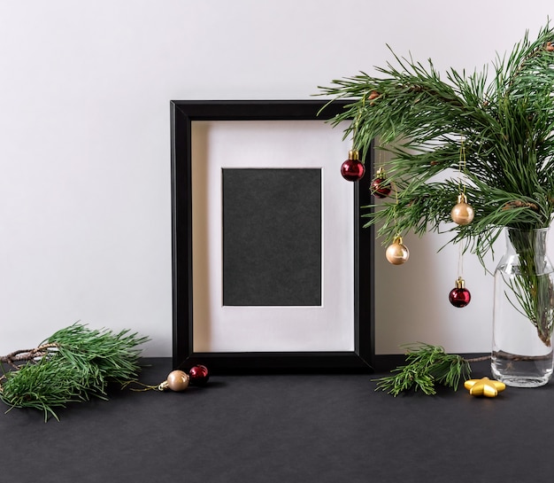 Christmas modern composition with copy space for text.  poster in the Christmas interior. Frame Interior Scandinavian Christmas Winter Decoration