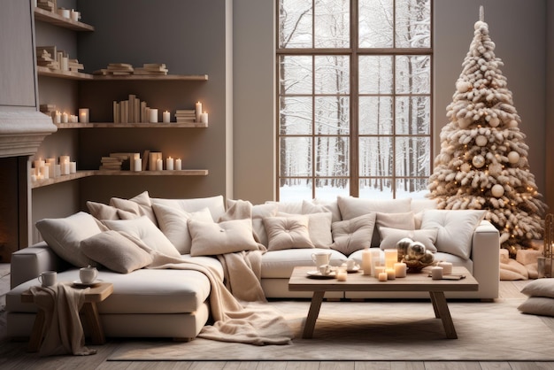 Christmas modern living room interior with cozy sofa and beautiful Christmas tree in light colors