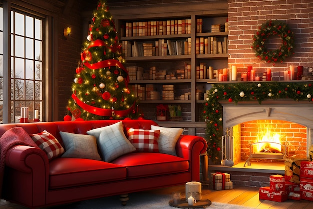 Christmas mood decorations in living room with fire place