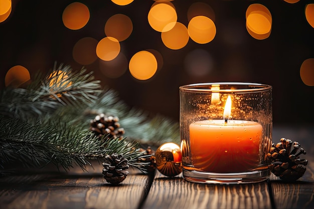 Christmas mood light Candle near fir tree branch fir