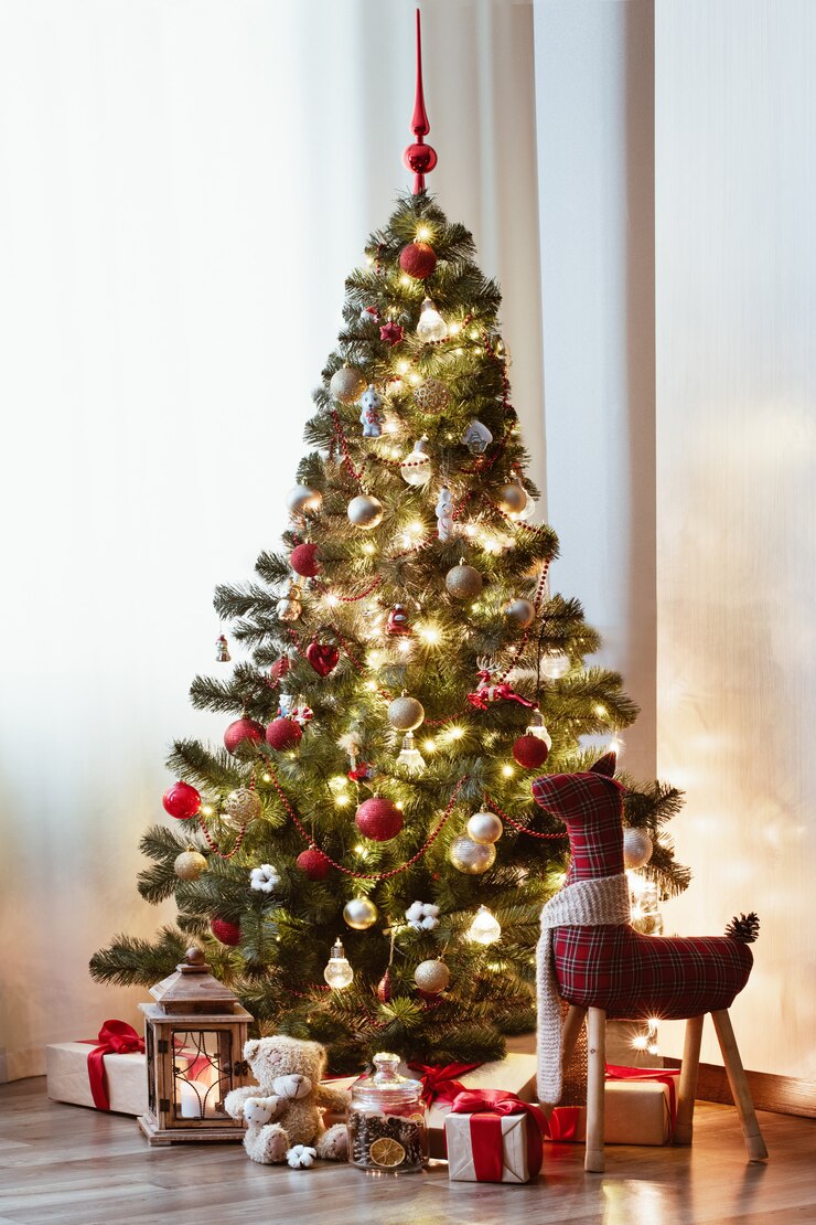 Photo christmas morning, gifts under the christmas tree. gift boxes tied with a red ribbon