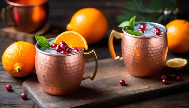 Christmas Moscow mule with pomegranate and orange in a rustic setting