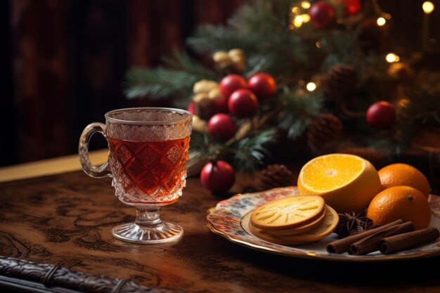 Christmas mulled red wine with spices and fruits on a table Traditional hot drink at Christmas time Generative AI illustration