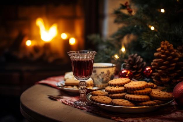 Рождественский глинтвейн со специями и фруктами на столе Традиционный горячий напиток на Рождество Генеративная иллюстрация AI