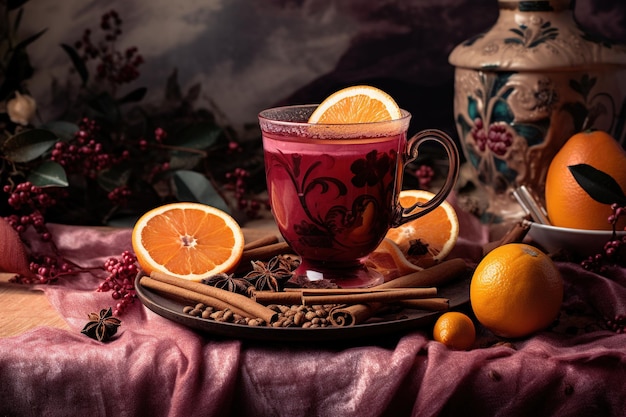 Christmas mulled red wine with spices and fruits Traditional hot drink at Christmas time