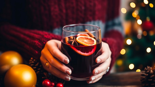 Christmas mulled wine in the hands of a woman Generative AI Food