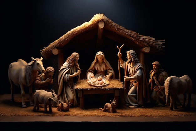 Christmas nativity scene of born child baby Jesus Christ in the manger with Joseph and Mary
