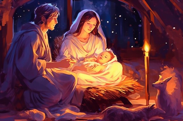 Christmas nativity scene of born child baby Jesus Christ in the manger with Joseph and Mary