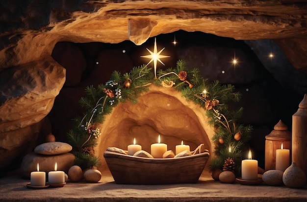 Foto scena della natività di natale in una grotta